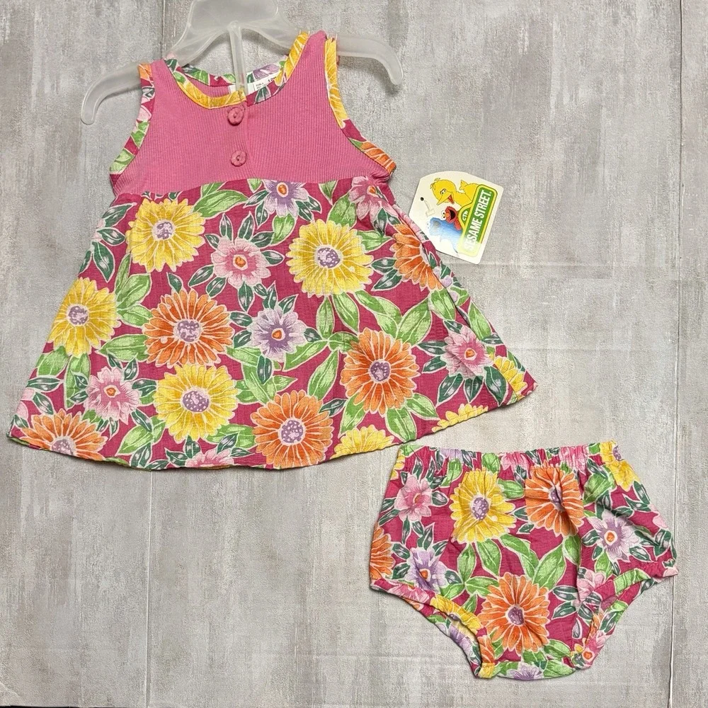 NWT Vintage Sesame Street Flowers Infant‎ Baby Girl's Dress & Bottoms 12 Months